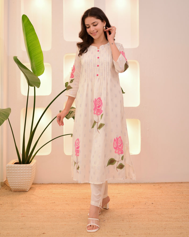 Pink Rose Pintex Mul Cotton A Line Kurta Set