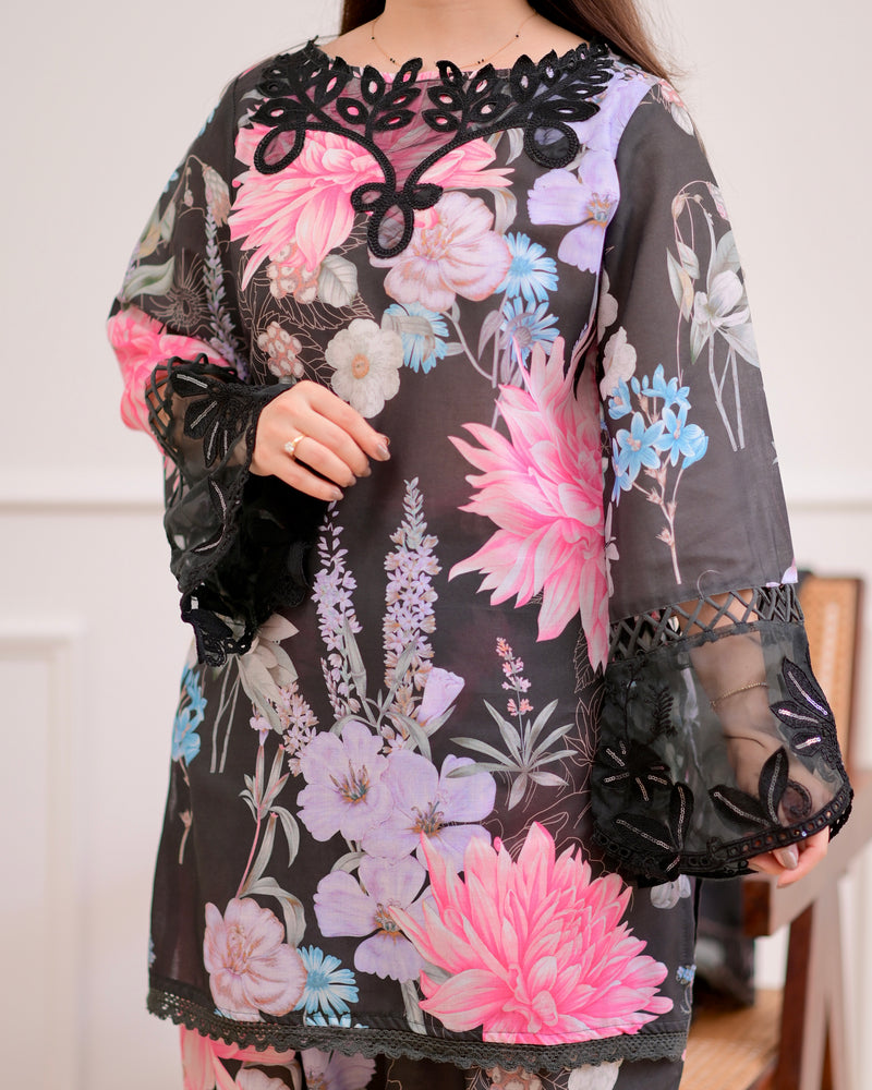 Black Bloom Applique Cotton Farshi Shalwar Suit