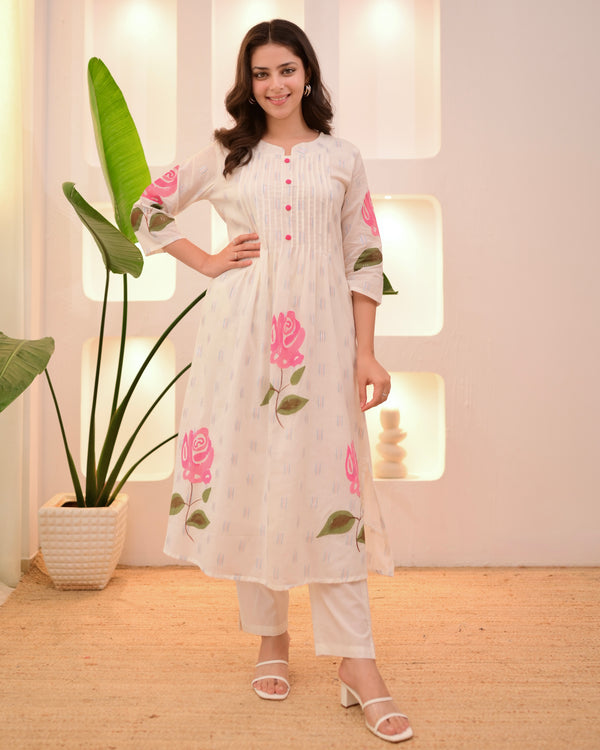 Pink Rose Pintex Mul Cotton A Line Kurta Set