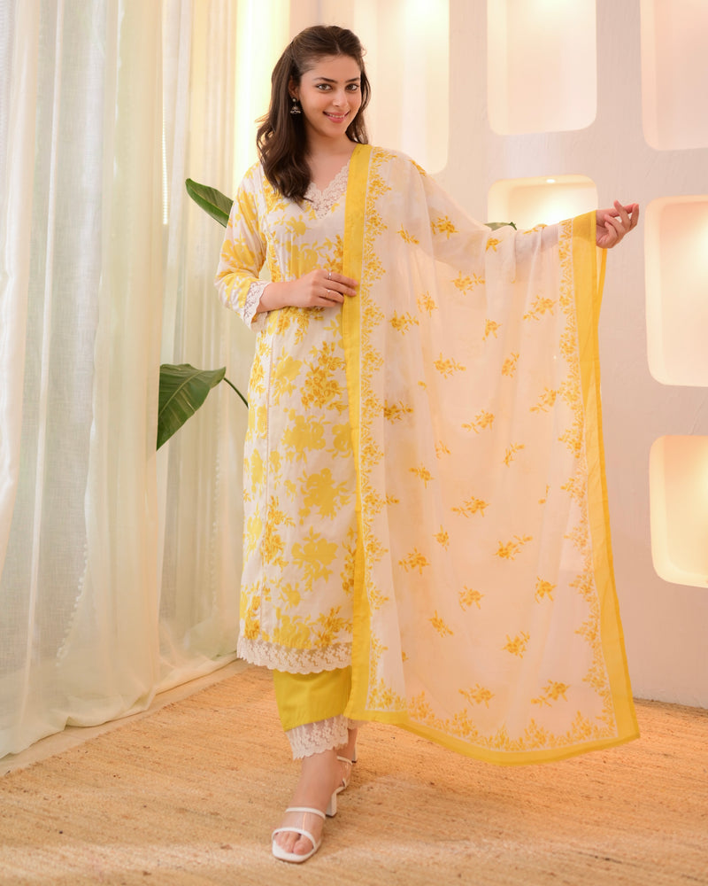 Sunlit Petals Pakistani Lace Cotton Suit
