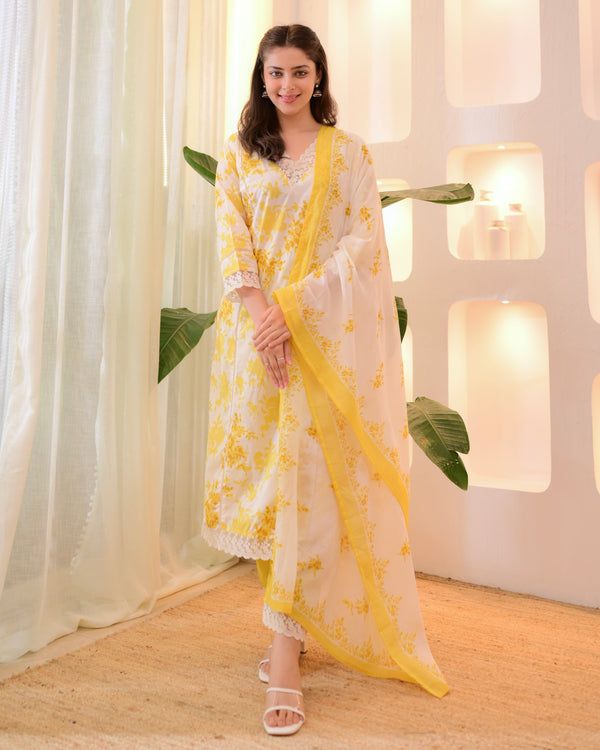 Sunlit Petals Pakistani Lace Cotton Suit