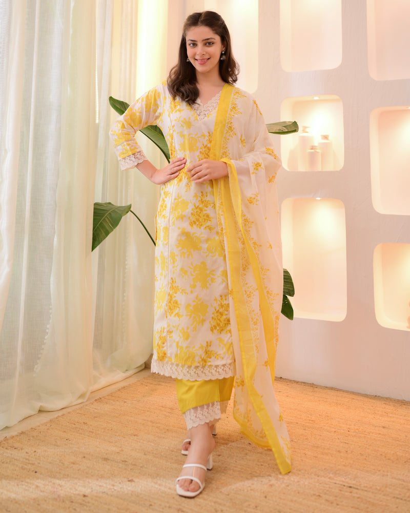 Sunlit Petals Pakistani Lace Cotton Suit