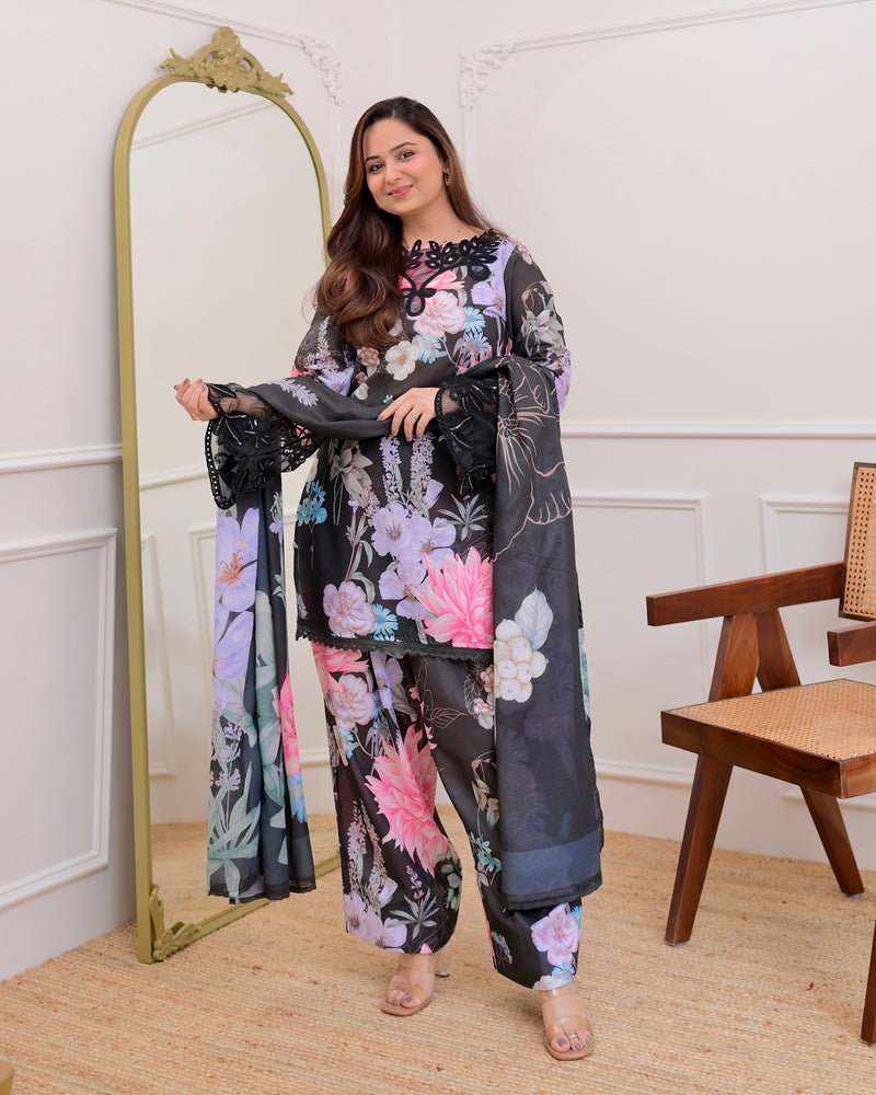 Black Bloom Applique Cotton Farshi Shalwar Suit