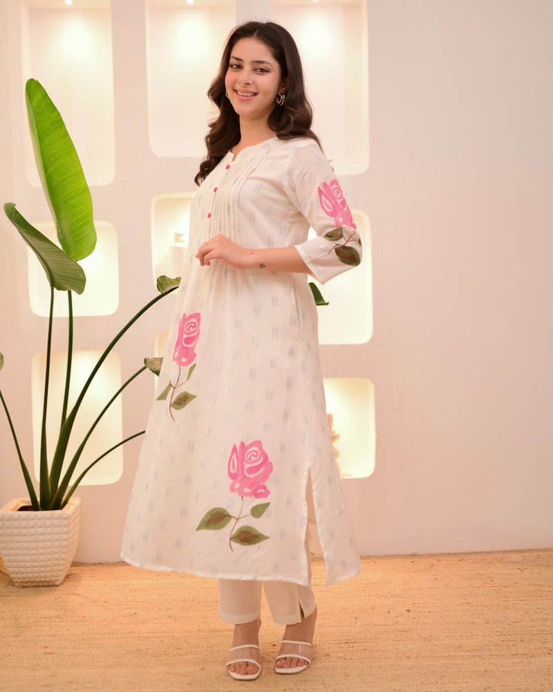 Pink Rose Pintex Mul Cotton A Line Kurta Set