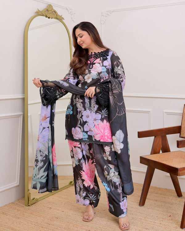 Black Bloom Applique Cotton Farshi Shalwar Suit