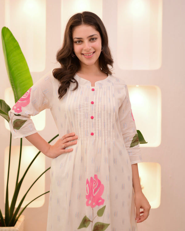 Pink Rose Pintex Mul Cotton A Line Kurta Set