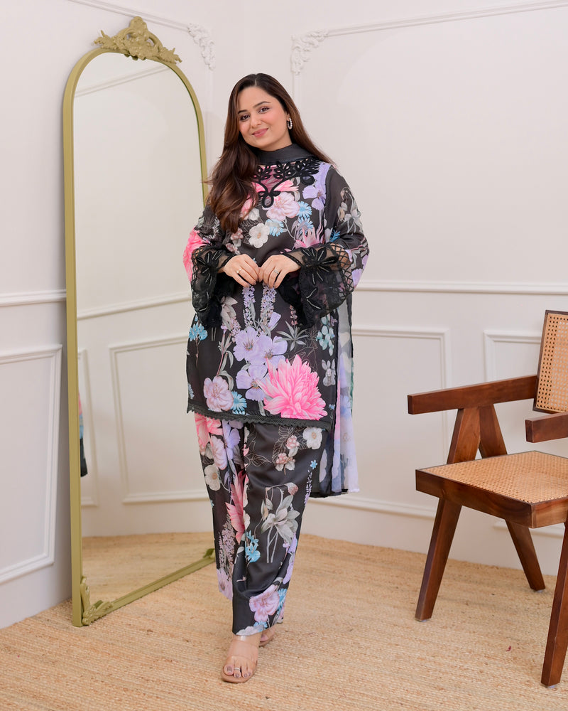 Black Bloom Applique Cotton Farshi Shalwar Suit