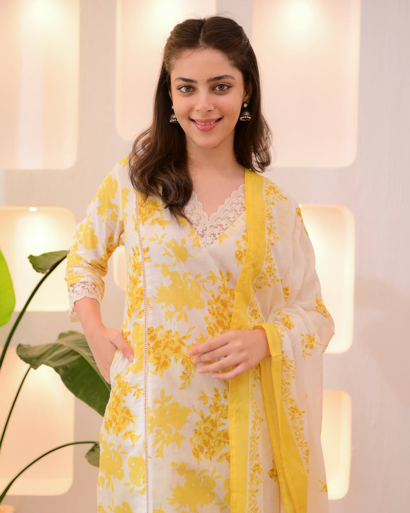 Sunlit Petals Pakistani Lace Cotton Suit