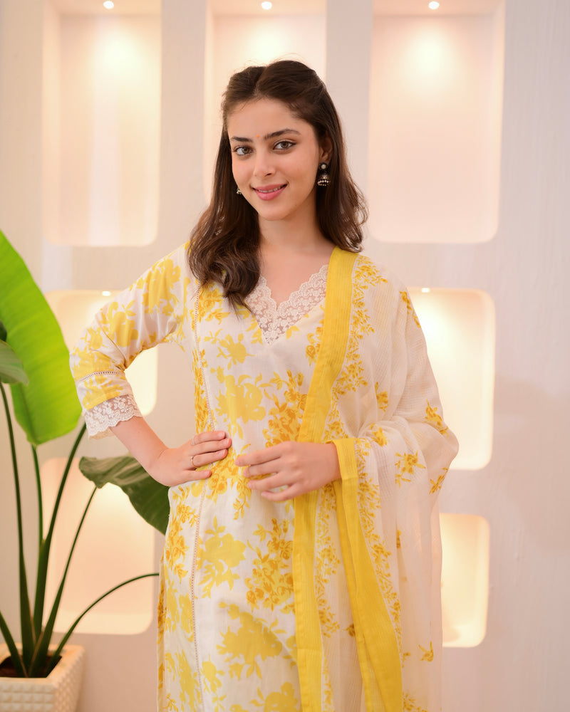 Sunlit Petals Pakistani Lace Cotton Suit