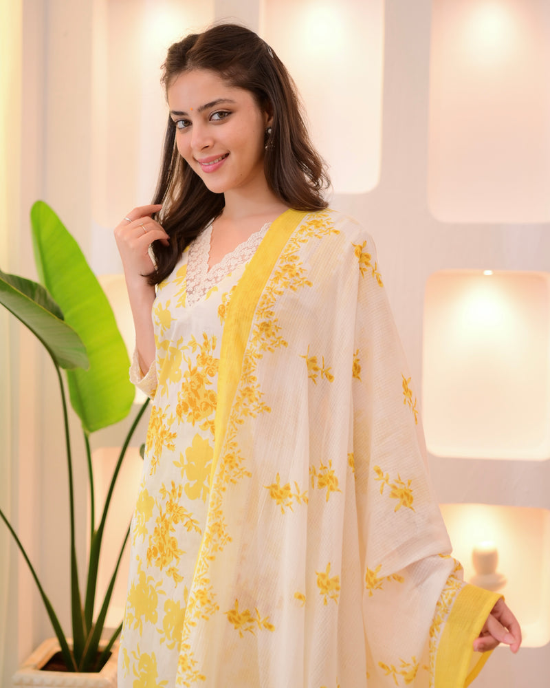 Sunlit Petals Pakistani Lace Cotton Suit