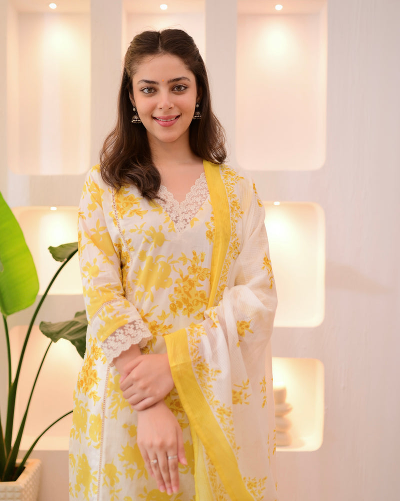 Sunlit Petals Pakistani Lace Cotton Suit