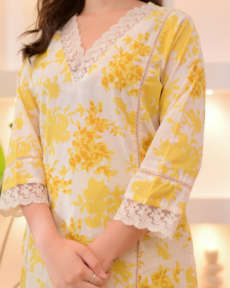 Sunlit Petals Pakistani Lace Cotton Suit