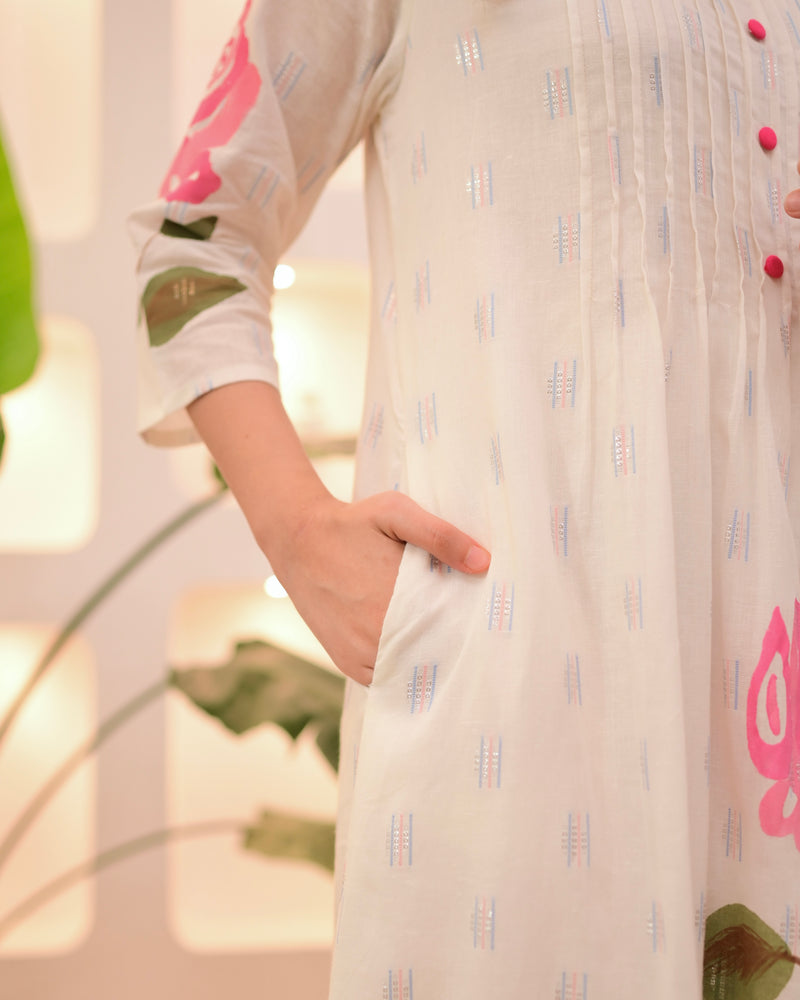 Pink Rose Pintex Mul Cotton A Line Kurta Set