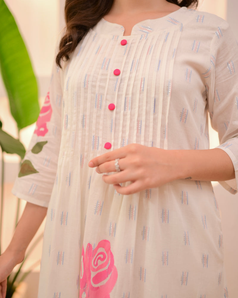 Pink Rose Pintex Mul Cotton A Line Kurta Set