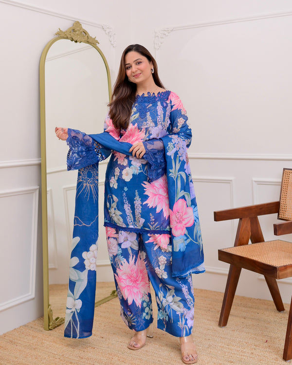 Blue Bloom Applique Cotton Farshi Shalwar Suit