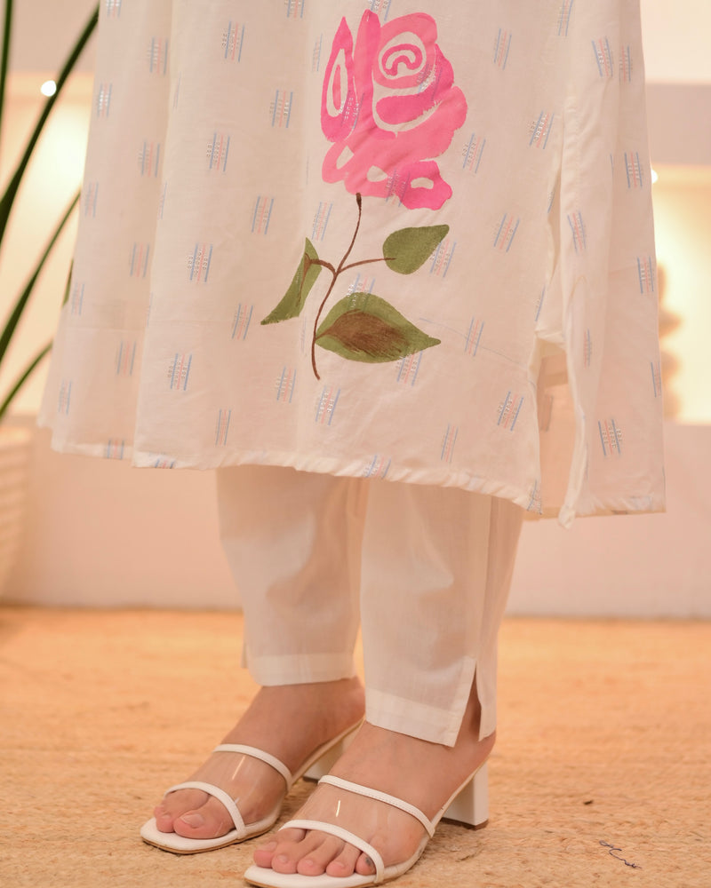 Pink Rose Pintex Mul Cotton A Line Kurta Set