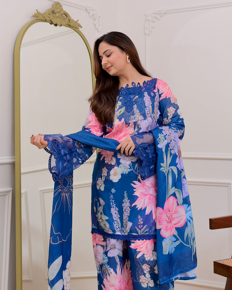 Blue Bloom Applique Cotton Farshi Shalwar Suit