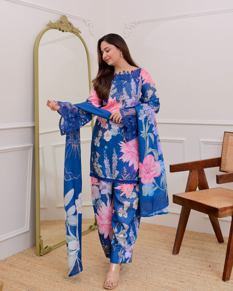 Blue Bloom Applique Cotton Farshi Shalwar Suit