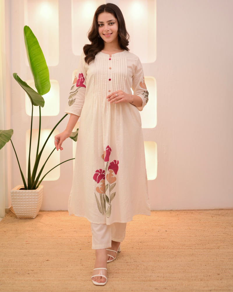 Ivory Maroon Floral Pintex A Line Cotton Kurta Set