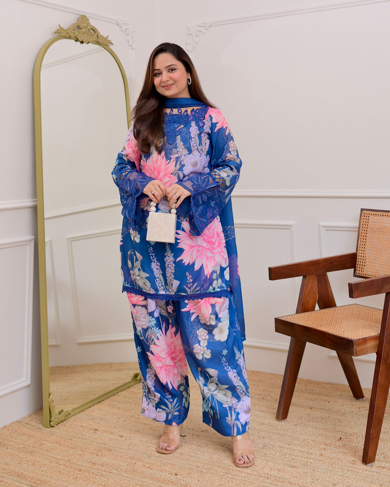 Blue Bloom Applique Cotton Farshi Shalwar Suit