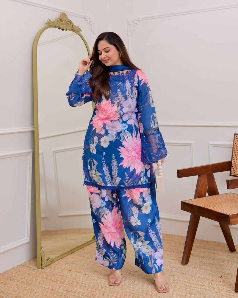 Blue Bloom Applique Cotton Farshi Shalwar Suit