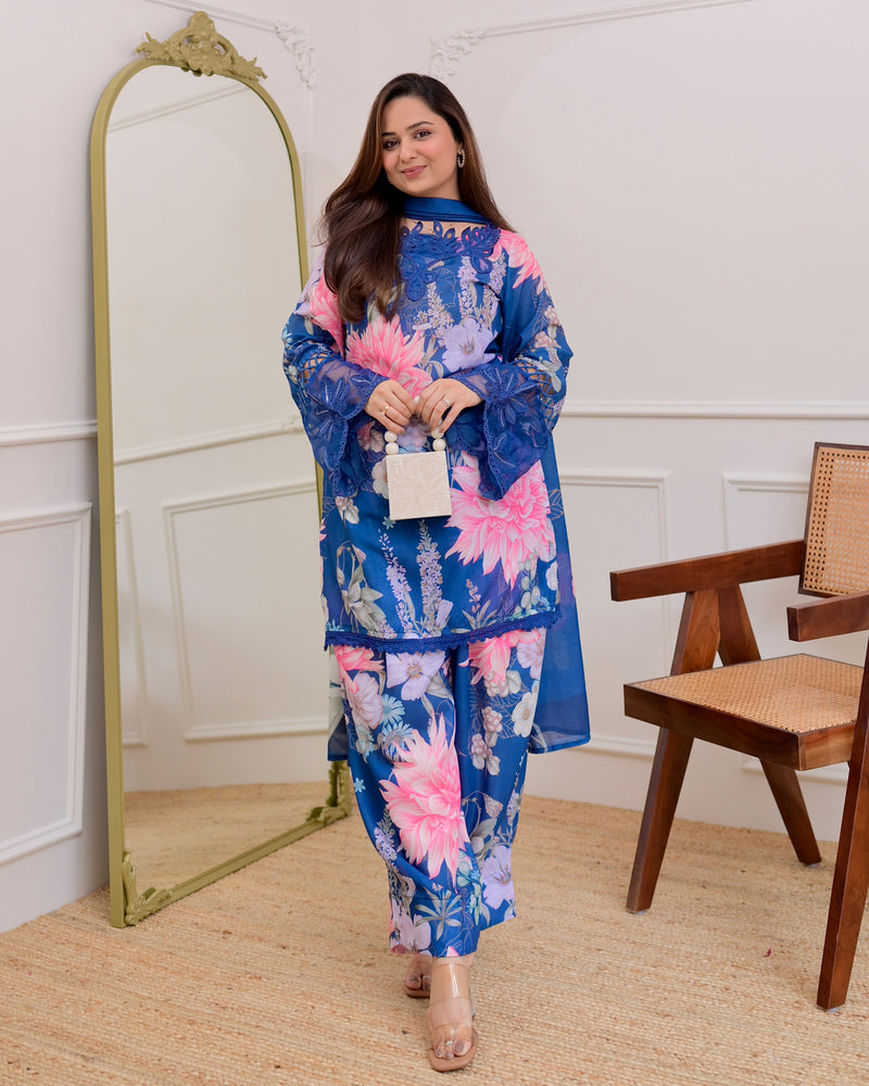 Blue Bloom Applique Cotton Farshi Shalwar Suit