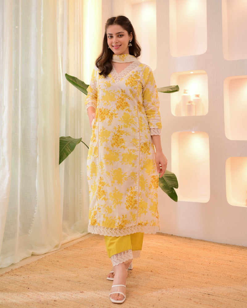 Sunlit Petals Pakistani Lace Cotton Suit