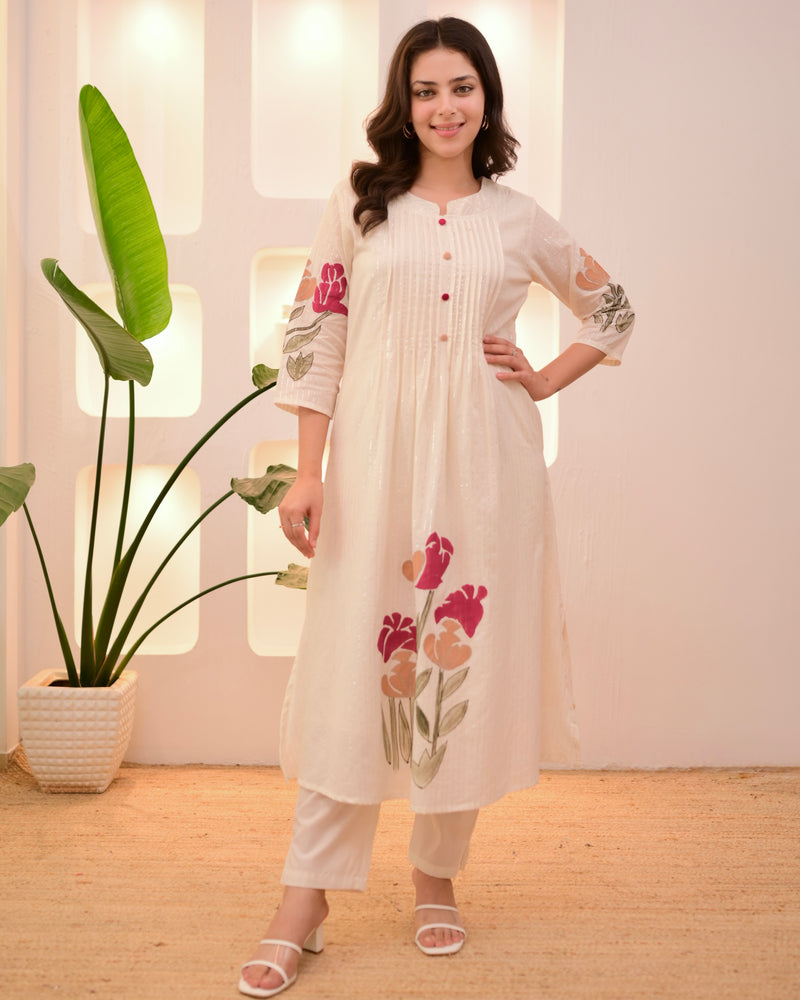 Ivory Maroon Floral Pintex A Line Cotton Kurta Set