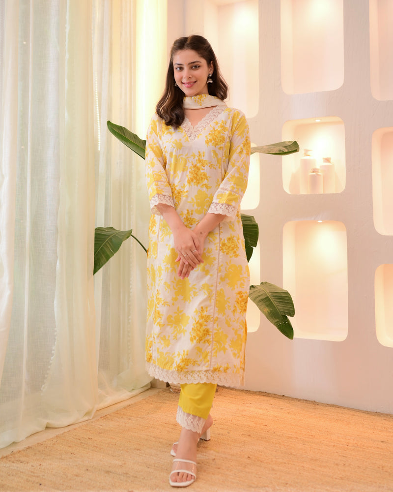 Sunlit Petals Pakistani Lace Cotton Suit