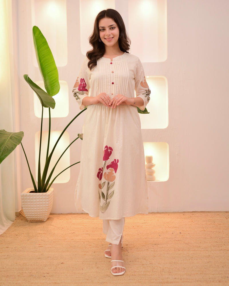 Ivory Maroon Floral Pintex A Line Cotton Kurta Set