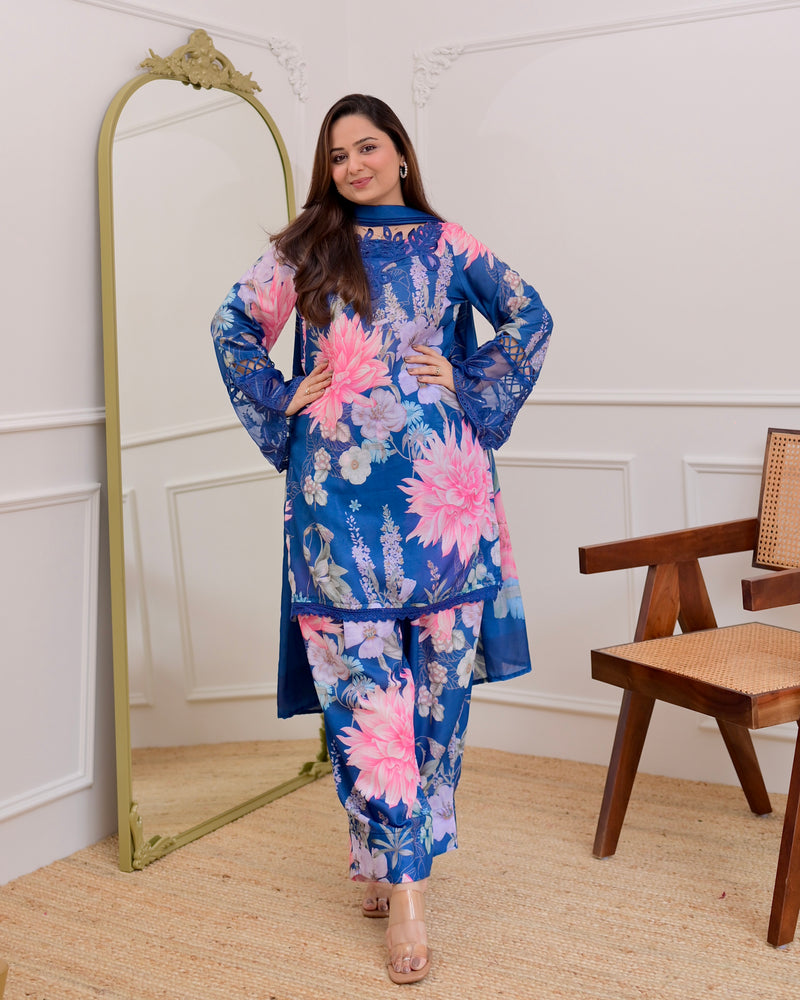 Blue Bloom Applique Cotton Farshi Shalwar Suit