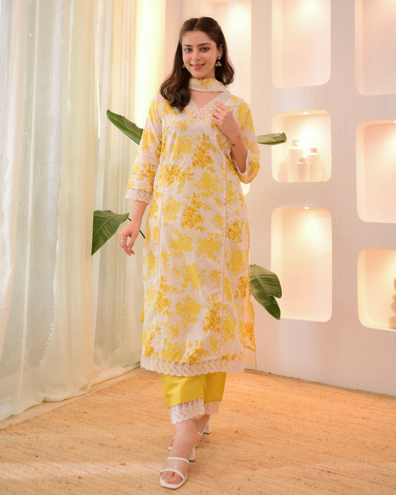 Sunlit Petals Pakistani Lace Cotton Suit