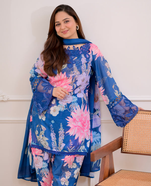 Blue Bloom Applique Cotton Farshi Shalwar Suit