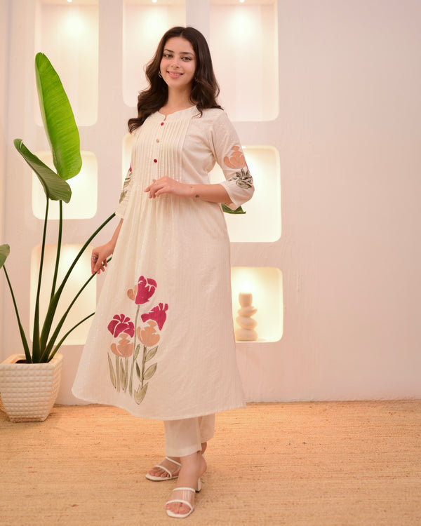 Ivory Maroon Floral Pintex A Line Cotton Kurta Set