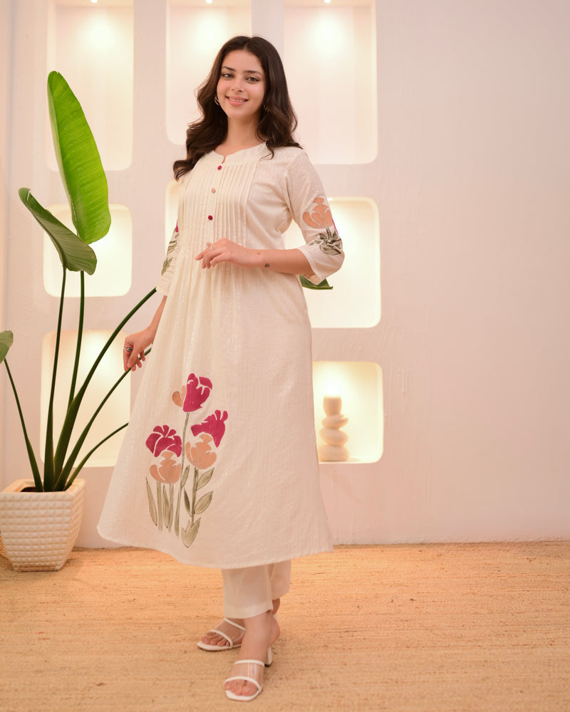 Ivory Maroon Floral Pintex A Line Cotton Kurta Set