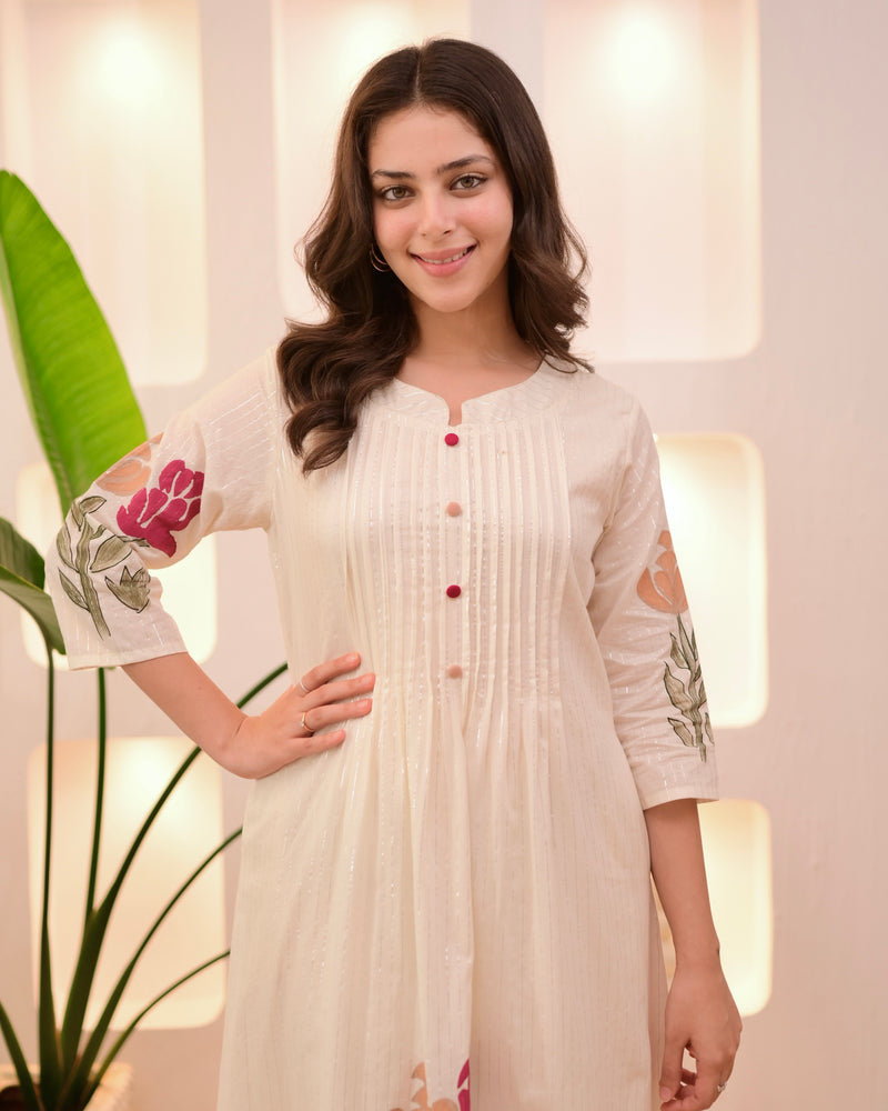 Ivory Maroon Floral Pintex A Line Cotton Kurta Set