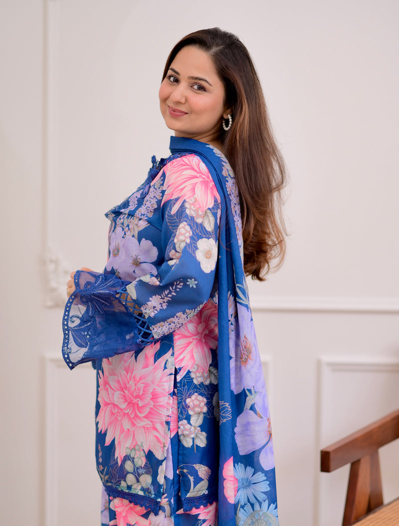 Blue Bloom Applique Cotton Farshi Shalwar Suit