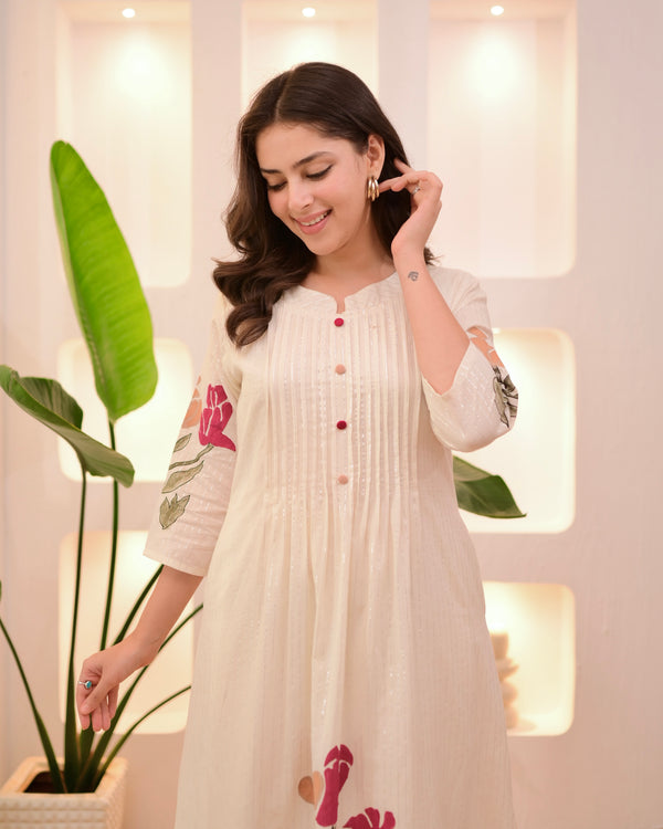 Ivory Maroon Floral Pintex A Line Cotton Kurta Set