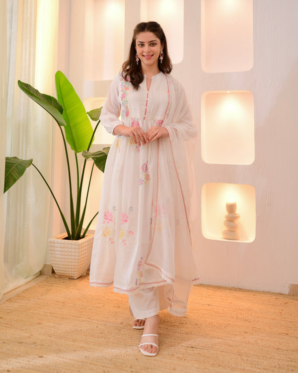Ivory Mist Mul Cotton Threadwork Anarkali Suit