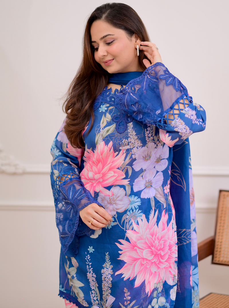 Blue Bloom Applique Cotton Farshi Shalwar Suit