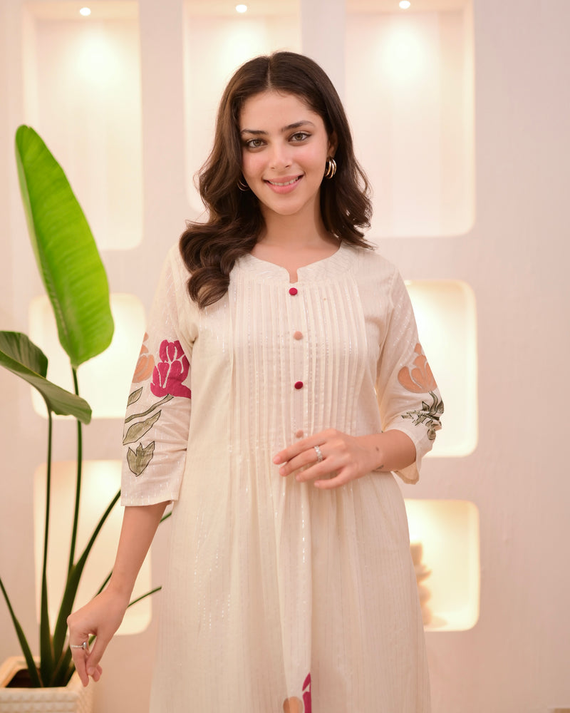 Ivory Maroon Floral Pintex A Line Cotton Kurta Set