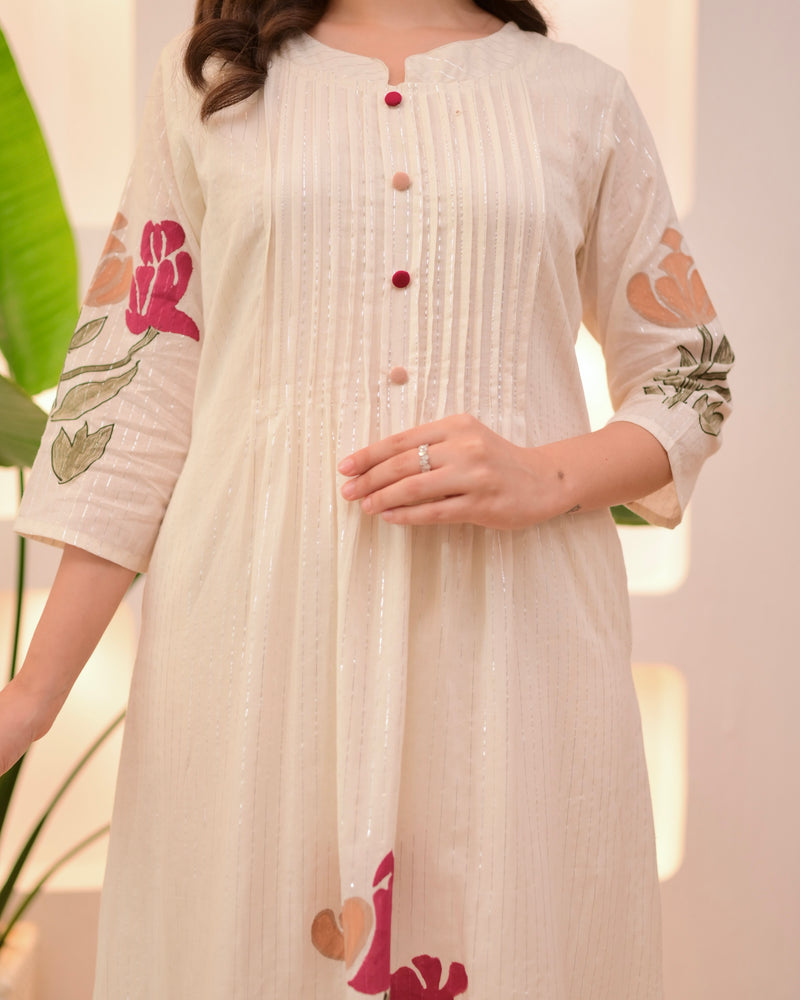 Ivory Maroon Floral Pintex A Line Cotton Kurta Set