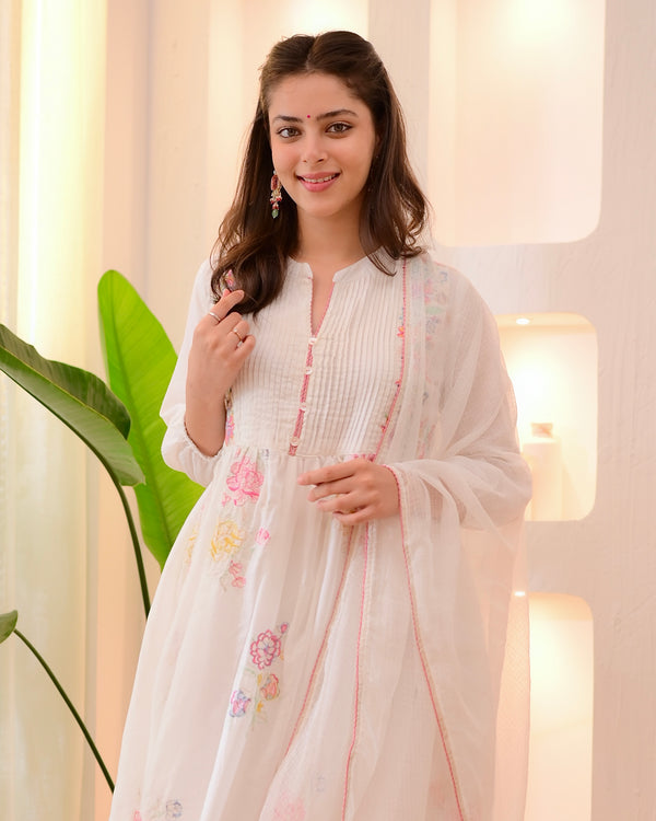 Ivory Mist Mul Cotton Threadwork Anarkali Suit