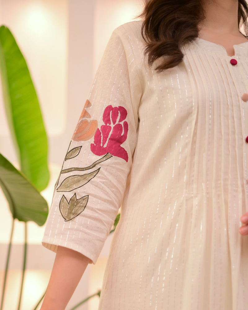 Ivory Maroon Floral Pintex A Line Cotton Kurta Set
