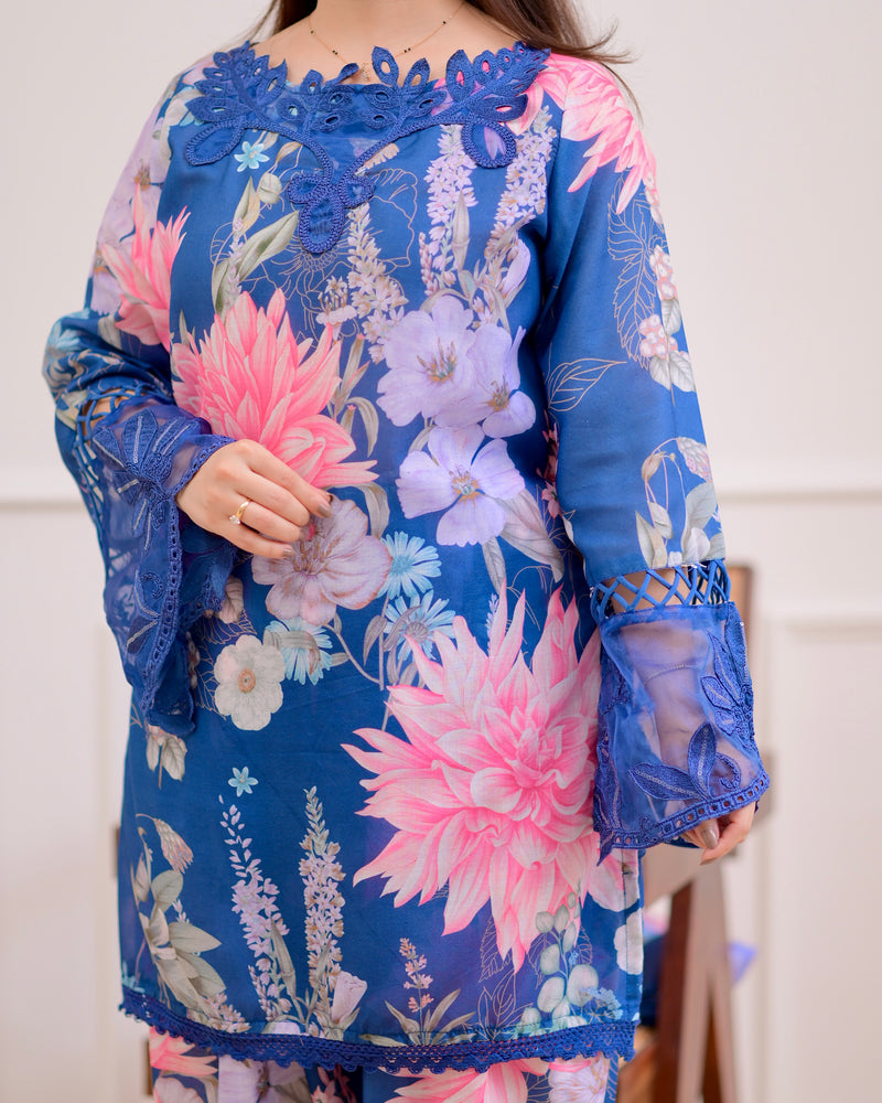 Blue Bloom Applique Cotton Farshi Shalwar Suit