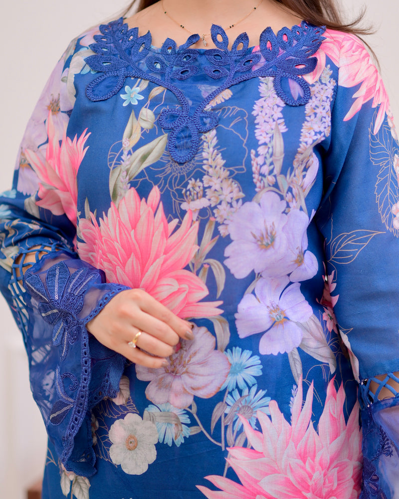 Blue Bloom Applique Cotton Farshi Shalwar Suit