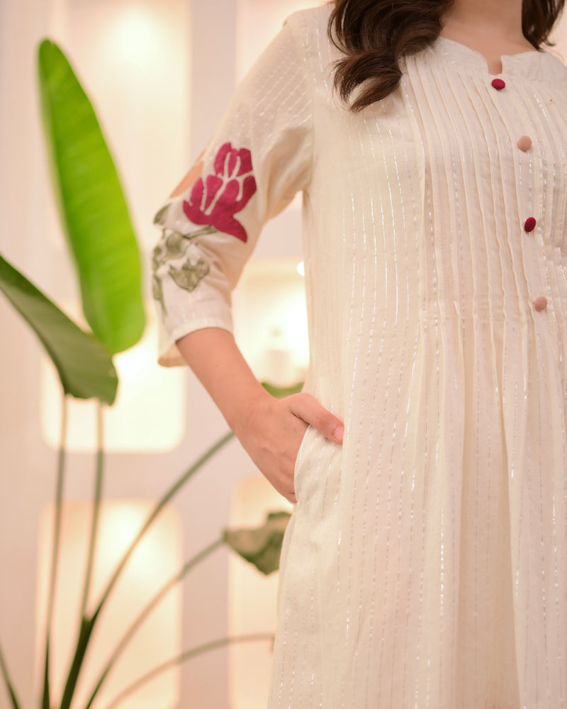 Ivory Maroon Floral Pintex A Line Cotton Kurta Set
