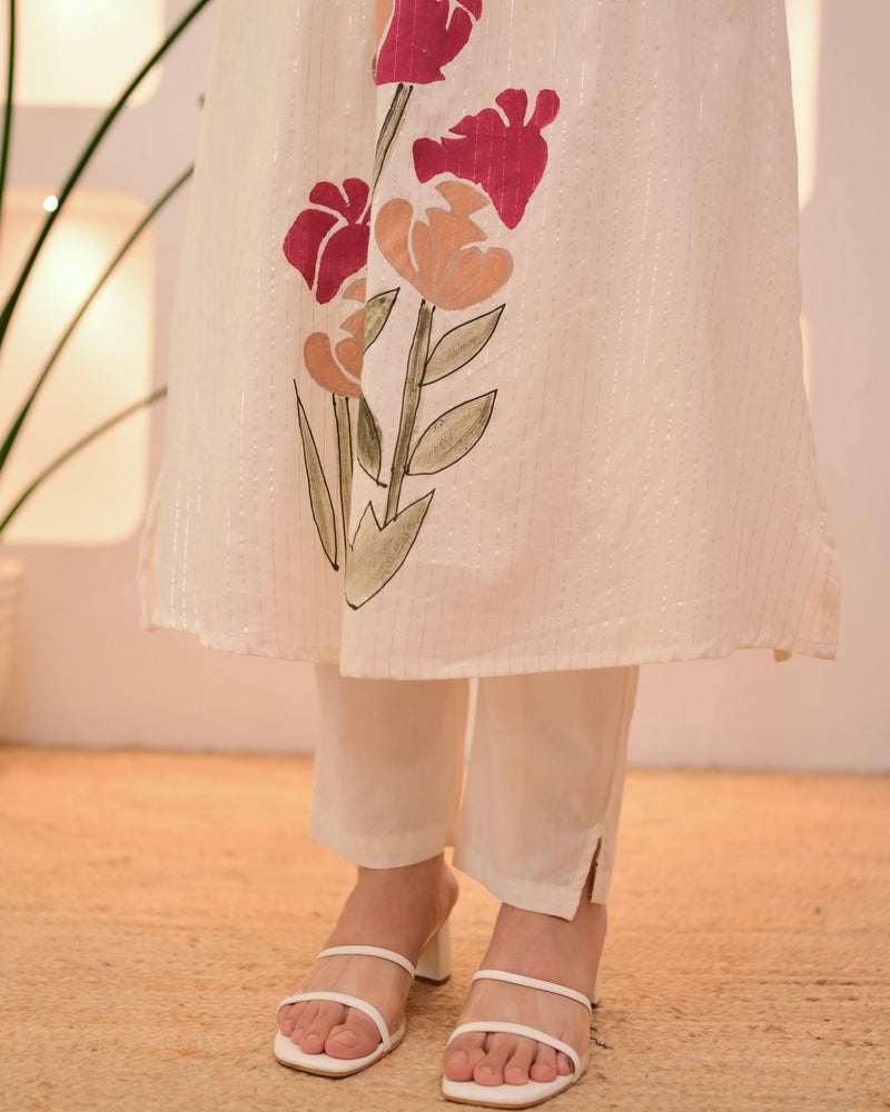 Ivory Maroon Floral Pintex A Line Cotton Kurta Set