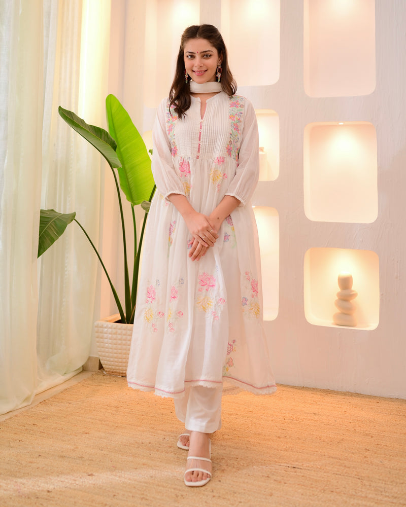 Ivory Mist Mul Cotton Threadwork Anarkali Suit