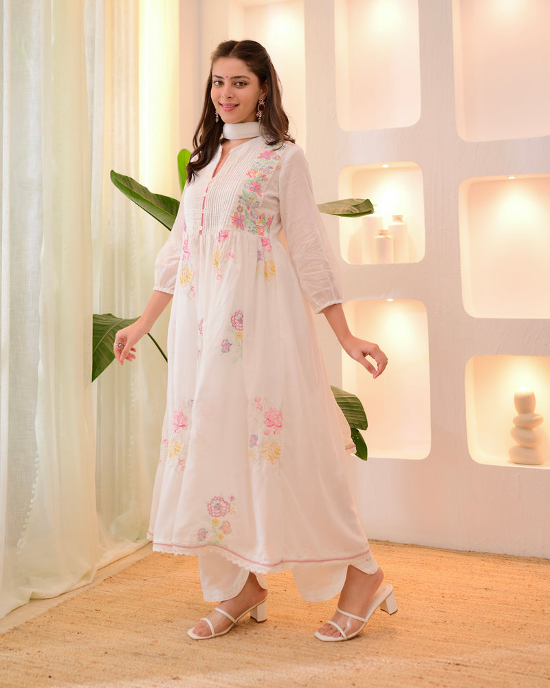 Ivory Mist Mul Cotton Threadwork Anarkali Suit